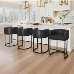 LUE BONA 27" H Counter Height Bar Stools Set of 4, Modern Barrel Counter Stools with Backrest and Arms, Black Metal Frames,Faux Leather Upholstered Ac