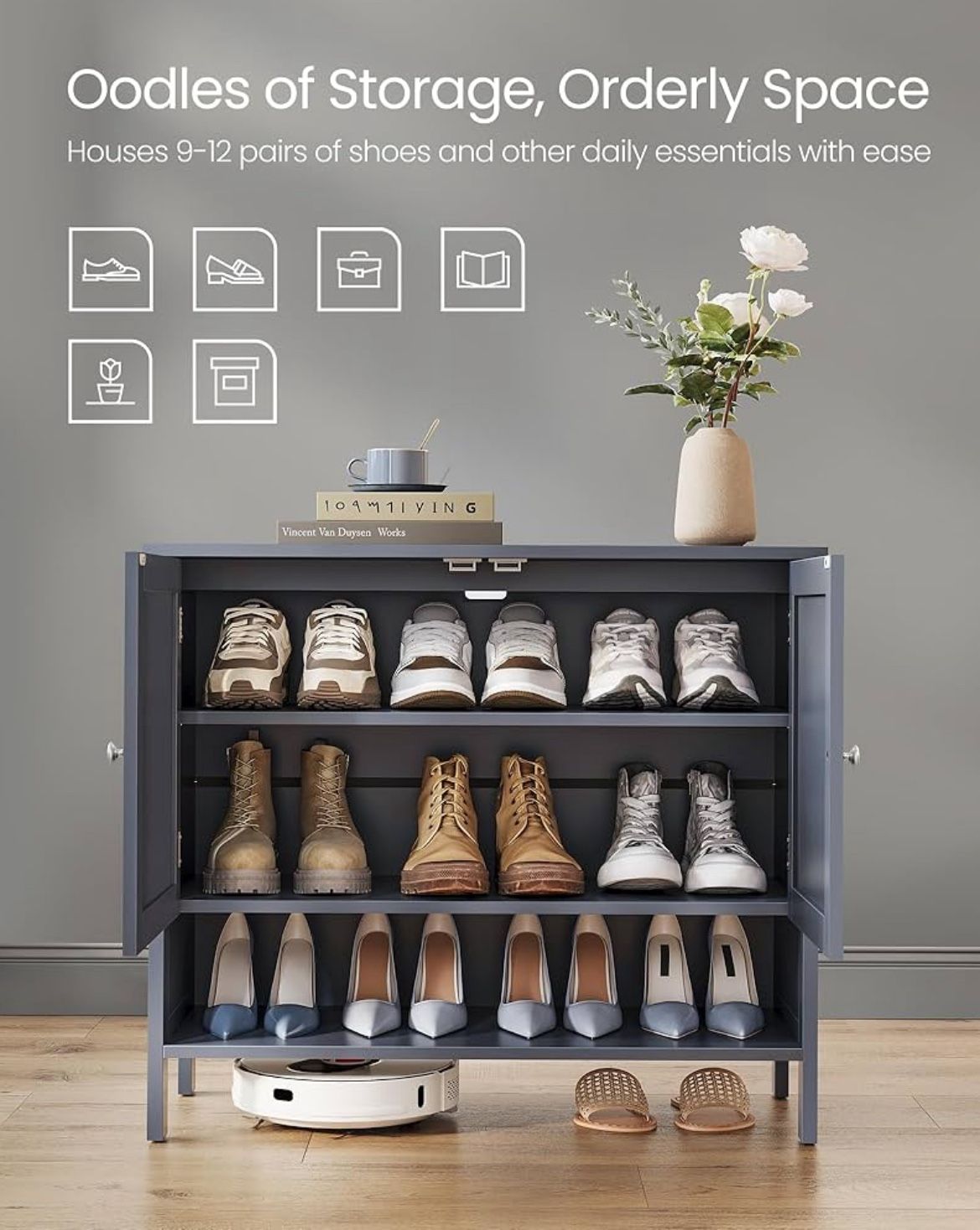 Shoe Cabinet, 3-Tier Shoe Storage Organizer, Modern Freestanding Cabinet with Height-Adjustable Shelf, 13.8 x 31.5 x 27.6 Inches, Entryway, Slate Gray