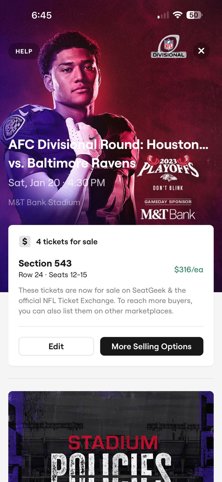 Ravens vs Texans Divisional Playoff Game (4 Tickets 