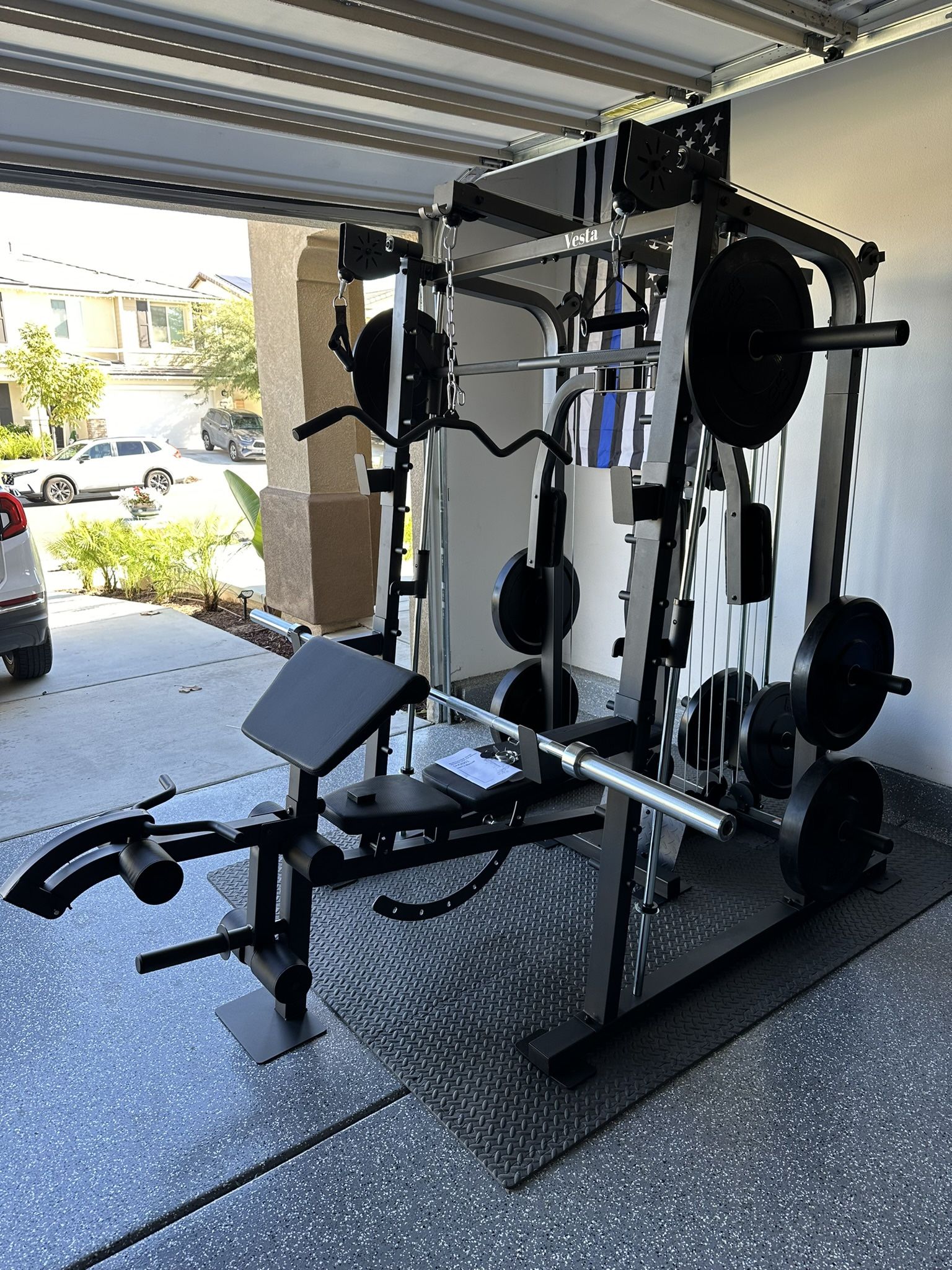 Vesta Fitness Smith Machine 2001 w/Bench Attachment | 230lb Bumpers Weights | 7ft Olympic Bar | Fitness | Gym Equipment | FREE DELIVERY🚚