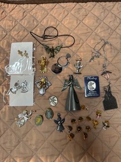 Vintage Estate Angel Jewelry & Keepsake Lot - Mixed Metals, Brooches, Lapel Pins, Pewter Figurines, Pocket Tokens - 25+ Pcs