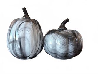 Set of 2 Black White Marbled Decorative Pumpkins