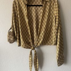 Michel, Women’s Mustard & Brown Geometric  Tie Front Adjustable Sleeve , Size L