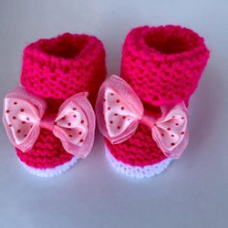 Handknit Doll Socks – Bright Pink with Big Bow – Fits American Girl & 18 Inch Dolls – Perfect Christmas Gift
