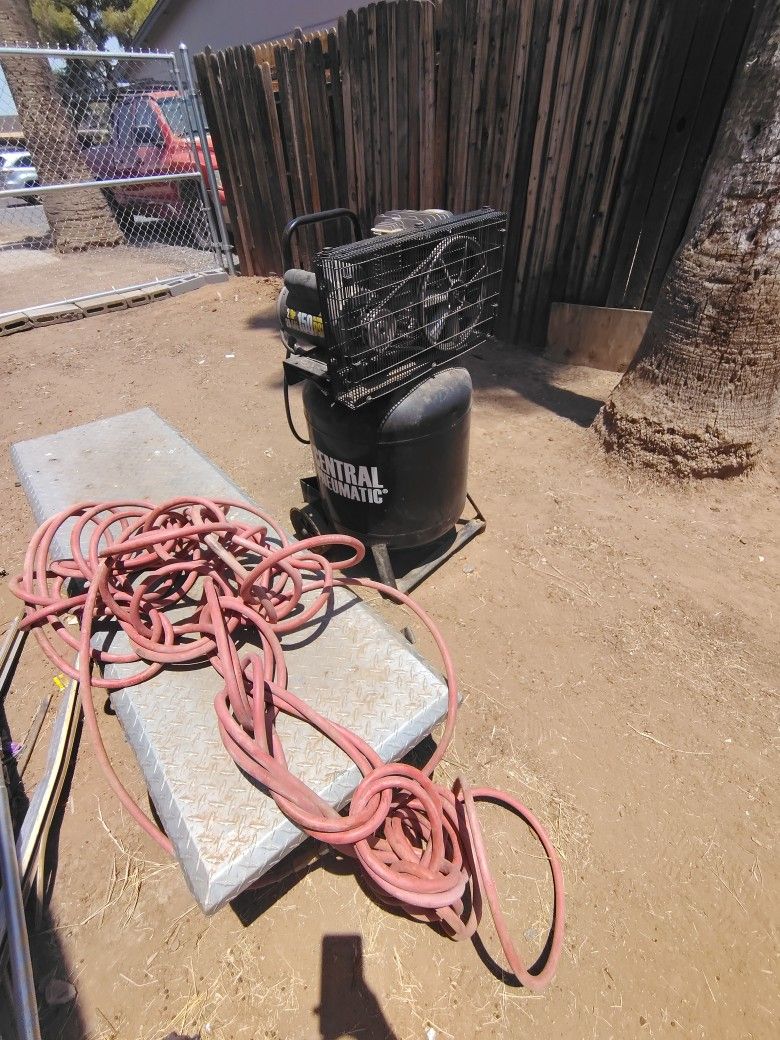 Air Compressor, Hose, And Large Toolbox