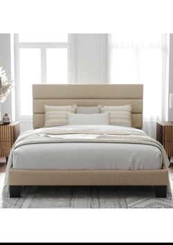 Queen Upholstered Bed Frame - Beige Fabric Platform Bed with Padded Headboard