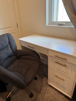 White Desk with Gold Hardware and Drawers with grey chair