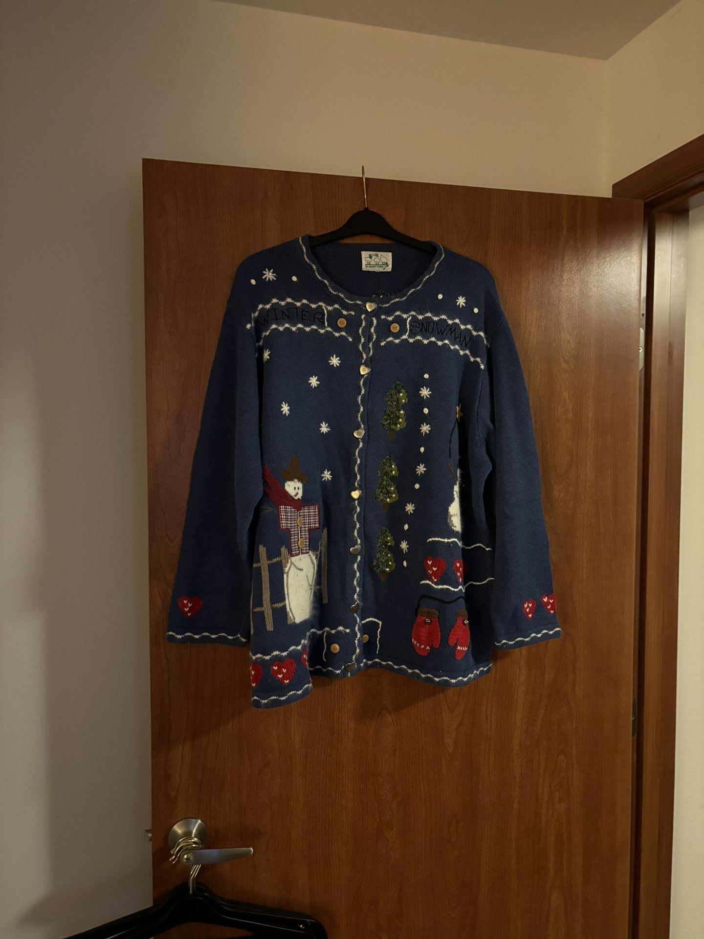 Vintage Quacker Factory Wintertime Snowman Cardigan Sweater 3XL