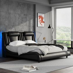 King Size Black PU Upholstered Low Profile Platform Bed with LED Light