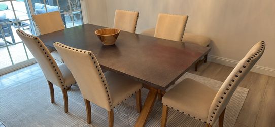 Zinc Dining Table, Chairs, and Bench
