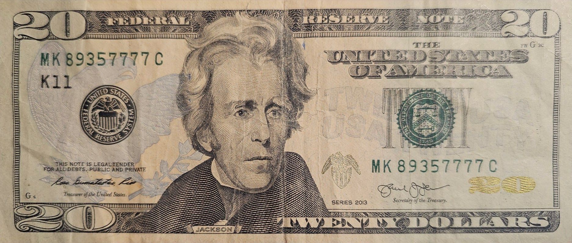 Fancy serial number (contact info removed)7, 2013, 20 dollar bill, solid quad of 7's. 