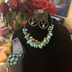 New 4pc set color Blue and brass: necklace, bracelet, earrings and ring