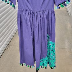 Kate Spade Peacock Plume Poplin Dress Deep Sea Blue Tassels