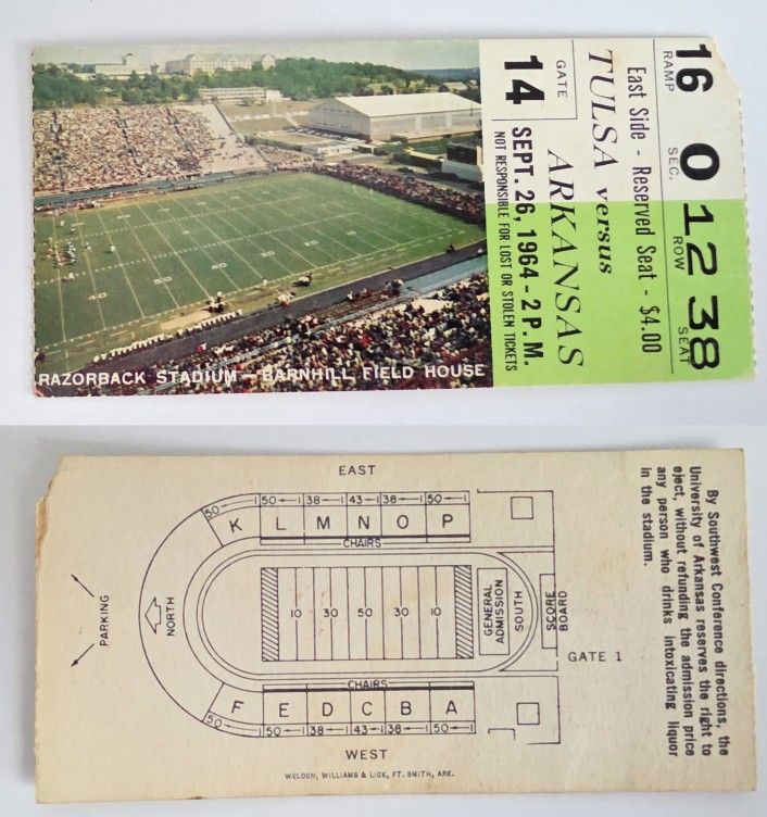 ARKANSAS RAZORBACKS Ticket Stub 1964 vs TULSA National Championship Season