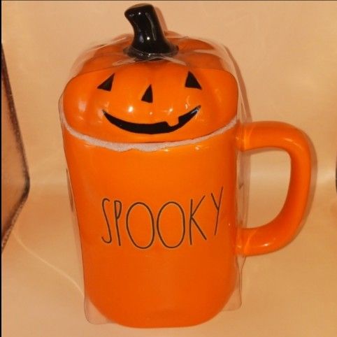 Rae Dunn Orange "Spooky" Mug with Pumpkin Topper