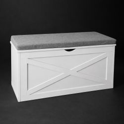 New Farmhouse Storage Bench with Gray Cushioned Top Toy Chest Entryway Chest Safety Hinge