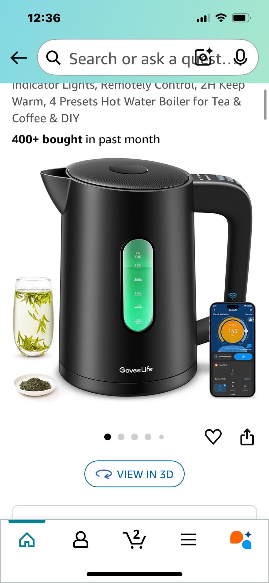 GoveeLife Smart Kettle Temperature Control 1.7L, 1500w WiFi Tea Kettle Electric with LED Indicator Lights, Remotely Control, 2H Keep Warm, 4 Presets H
