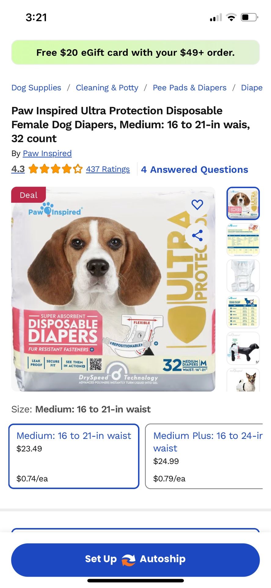 Disposable diapers for medium dog