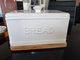 World Market Porcelain Bread Box With Wood Bottom