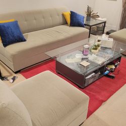 Beige Crate & Barrel Sofa Couch Set with Chaise Side Chair