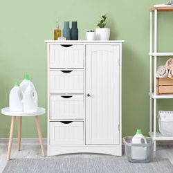 White Bathroom Cabinet Organizer With 4 Drawers And 1 Cupboard For Home Storage
