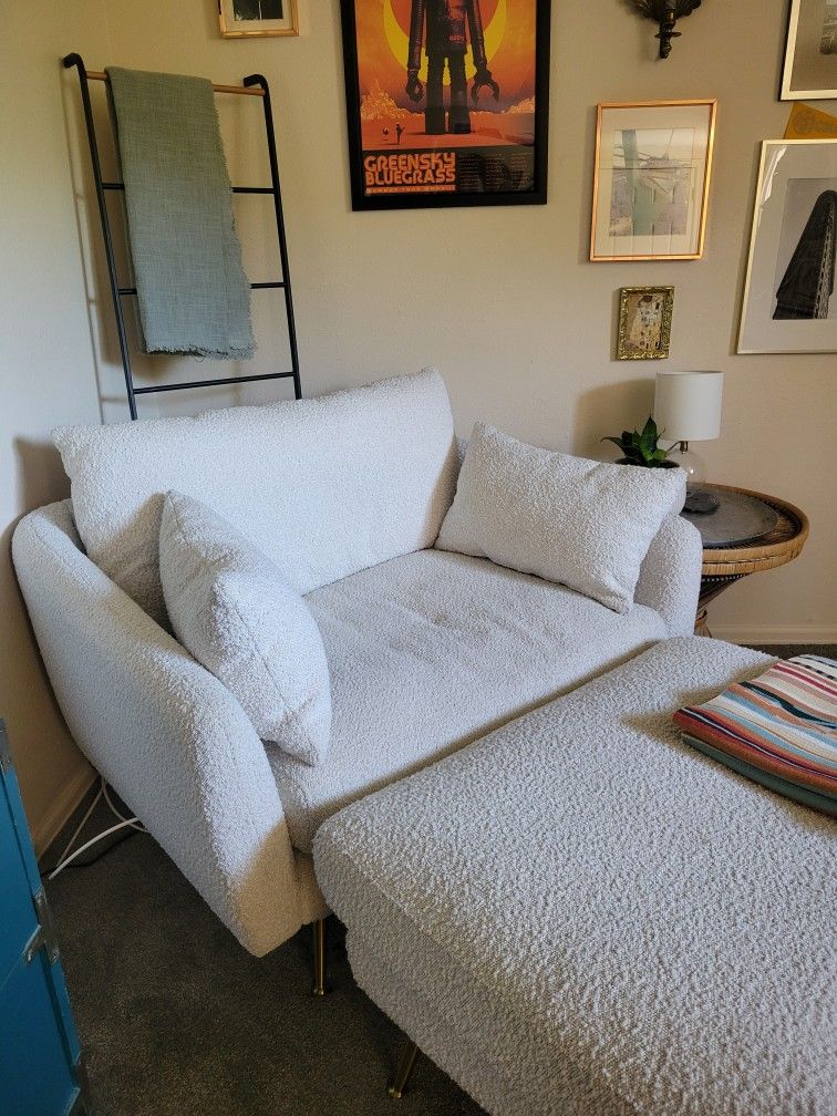 Cream, Boucle, Oversized Lounge Chair/Ottoman