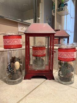 Vibrant Red Accent Decor: Lantern & Ribboned Glass Jars for Home or Holiday