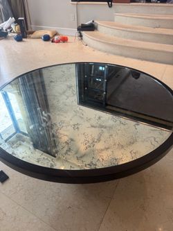 Round Mirrored Coffee Table with Pedestal Base – $250