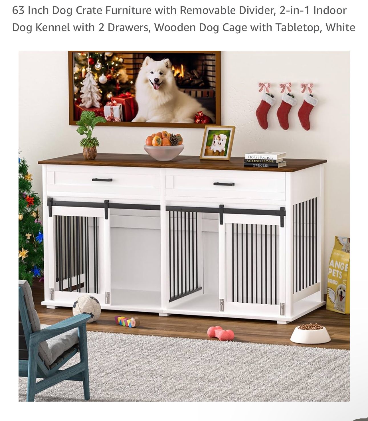 63 Inch Dog Crate Furniture with Removable Divider, 2-in-1 Indoor Dog Kennel