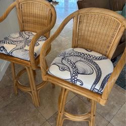 Rattan wicker bar  height tall chairs  Bar Stools coastal decor. Octopus design cushion
