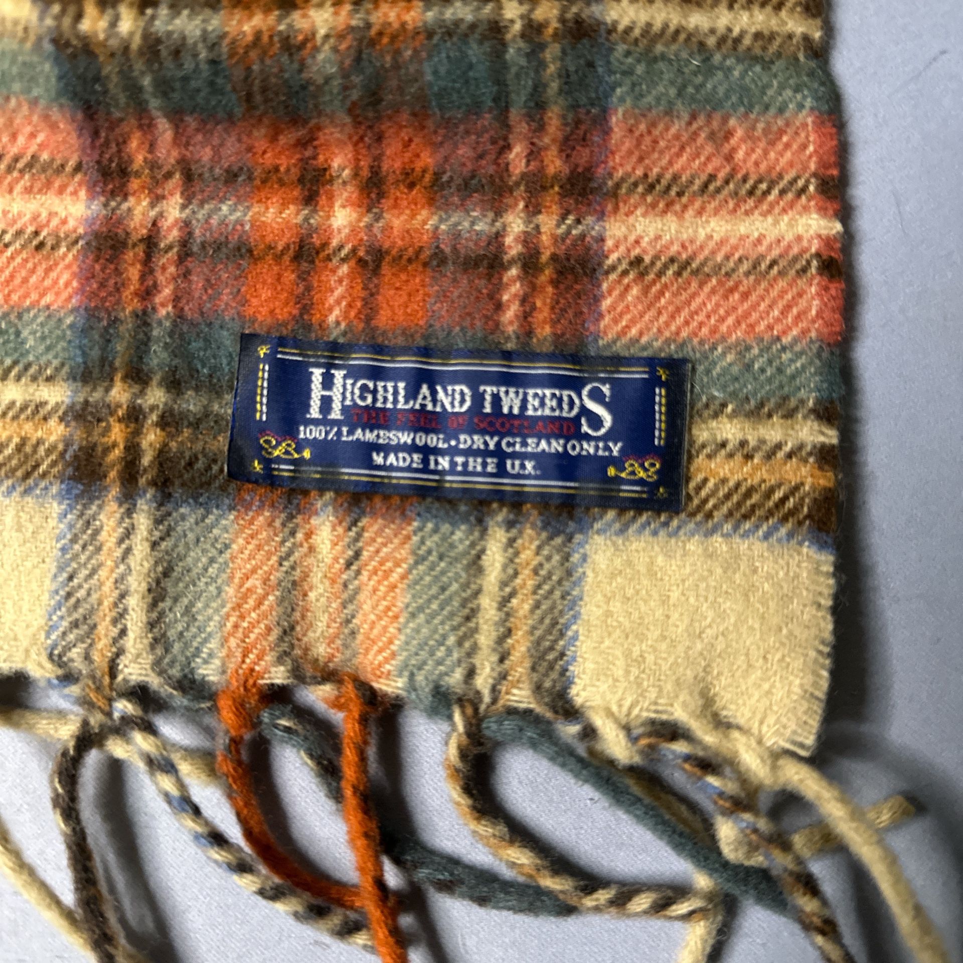 Highland Tweeds of Scotland Scarf 100% LAMBSWOOL 58x12"  Beige, Orange And Brown