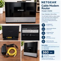 NETGEAR C6250 AC1600 Wi-Fi Cable Modem Router in good used condition.