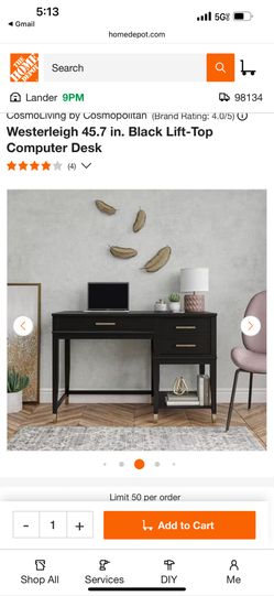 Westerleigh 45.7 in. Black Lift-Top Wood Computer Desk