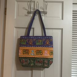 Embroidered Elephant Tote Bag Purple Orange and Green - Broken Zipper 