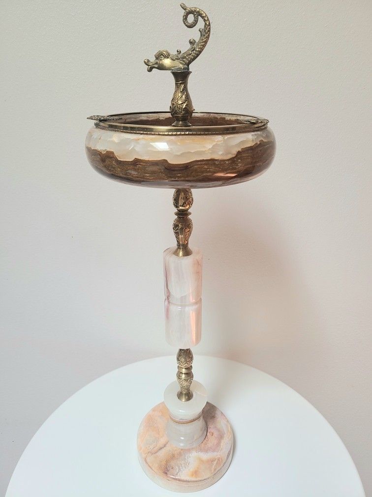 Gorgeous Hollywood Regency Era Onyx & Brass Floor-Standing Ashtray Circa 1930s