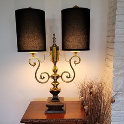 Beautiful Vintage Brass Table Lamp with Black Shades - 30-1/2" Height