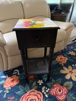 Dark Wood Side Table with Floral Decoupage Top