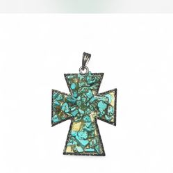 Turquoise cross pendant on a 20" silver plated chain #turquoisependant #crosspendant