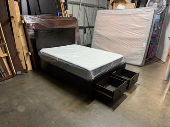 Full Dark Wood Platform Bed Frame with Storage Drawers