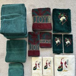 Holiday Towel Set, lot of 16 pieces, embroidered and pattern.  3 Santa hand towels, 1 large, 2 regular.  3 Jingle Bells hand towels, 1 large, 2 regula