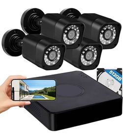 4CH 1080P Wired Security Camera System,CCTV DVR with 512GB Hard Drive, 4 x Home Surveillance IP68 Waterproof Security Cameras with Human Vehicle Detec