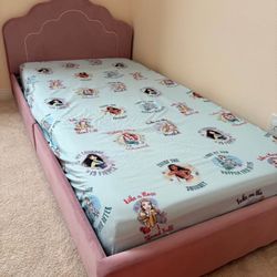 Pink Twin Upholstered Bed & Jay Franco Bedding