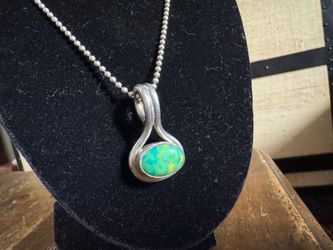 Sterling Silver Pendant Necklace — Mexican-Style Swirl Bail with Marbled Blue & Yellow Stone, Italian chain(925)