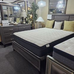 Brand New Gray Queen Bedframe + 13" Thick Soft Pocket Coils Queen Mattress + Box Spring