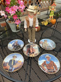 Vintage John Wayne Doll & Five Collector Plates & Two Magazines 