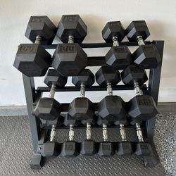 Multiple Sets Of Large Rubber Hex Dumbbells - Sets Of 65 55 40 30 25 20 15 Lbs