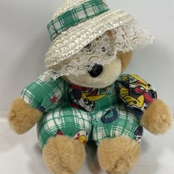 Vintage Teddy Bear With Wicker / Straw Hat & Removable Veil /  ~6.5” Tall / Rare / OOAK ON SALE 
