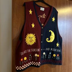Vintage Quacker Factory Celestial Sun, Moon & Star Sweater Vest 3XL