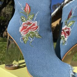 Brand NEW Embroidered Denim Bootie With Clear Heel