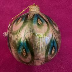 Pier 1 Peacock Ornament Feather Design Capiz Christmas Tree Ball 3.5"